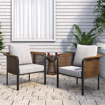 3Pcs Modern Coffee Rattan Outdoor Sofa Set with Glass Top Coffee Table and Gray Cushion